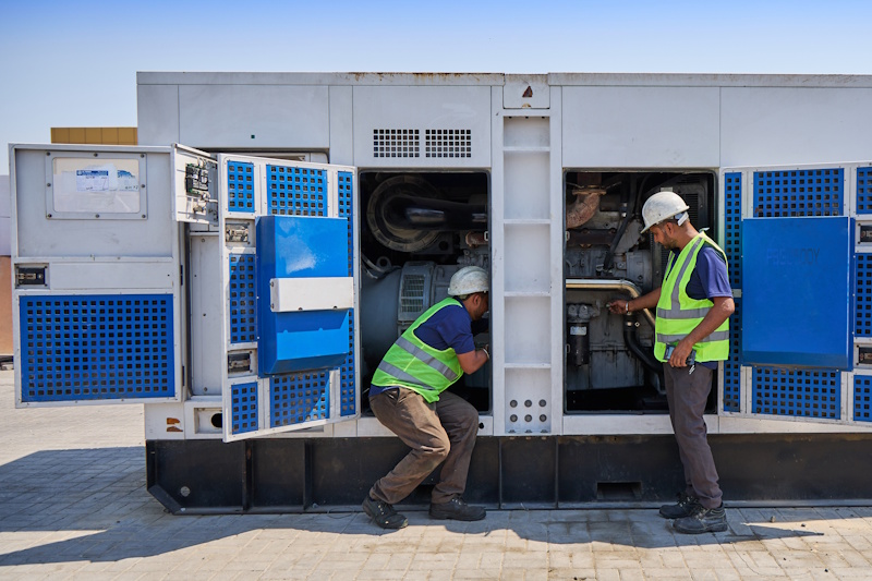 Technicians inspecting large diesel generator canopy